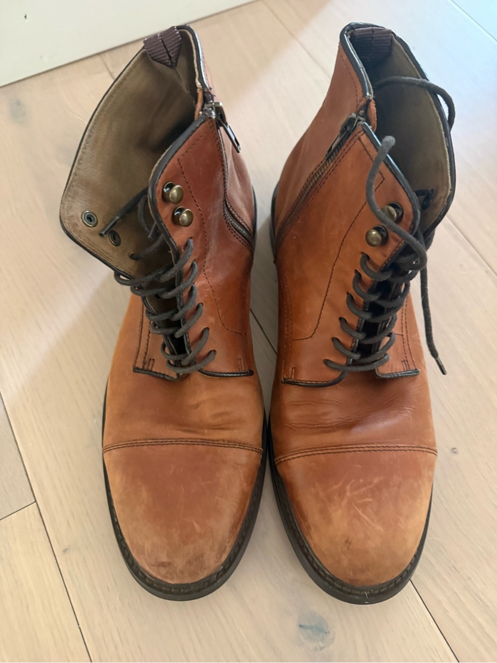 Men's Tan Leather Lace-Up Zip Ankle Boots